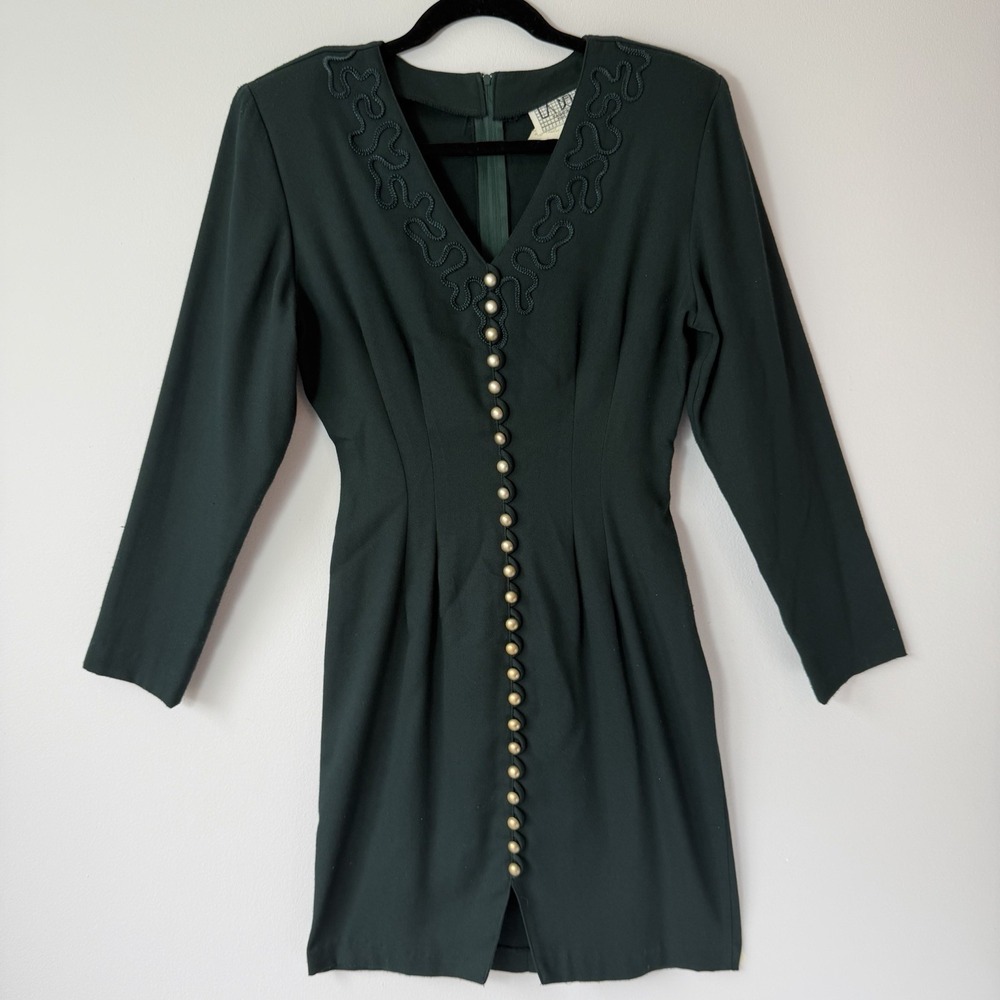 Vintage‎ 1980s Blazer Dress Green Pearl Button Soutache Preppy La Belle 6/S USA